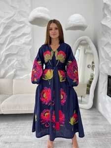 เดรสยาวมินิโบโฮลายดอกไม้ปักผ้าฝ้ายสีน้ำเงินกรมท่าสำหรับผู้หญิง ทำด้วยมือ เป็นมิตรกับสิ่งแวดล้อม ซักได้ เอวธรรมชาติ - Product Image 5