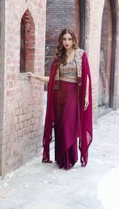 Indo Western Draped Dhoti Style Saree <b>Dress</b> <b>for</b> Women in Mono Banglory Silk with Embroidery Work <b>Shrug</b> Suit - Product Image 2