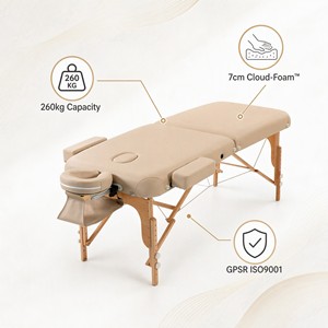 Table de massage pliable en bois de hêtre à 2 sections avec mousse Cloud-Foam 7 cm, 260 kg, pour spa, thérapeute, tatoueur, extension de cils, GPSR, ISO9001, OEM, ODM - Product Image 1