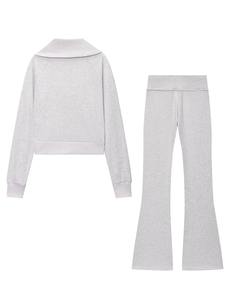 Pantalon long décontracté pour femme avec fermeture éclair, taille élastique, col rabattu, couleur unie, poches, manches longues respirantes pour l'hiver et l'automne - Product Image 5