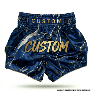 Shorts de Muay Thai personnalisés en satin bleu avec texte personnalisé et imprimé marbré doré complexe – Vente en gros de shorts de Muay Thai - Product Image 3