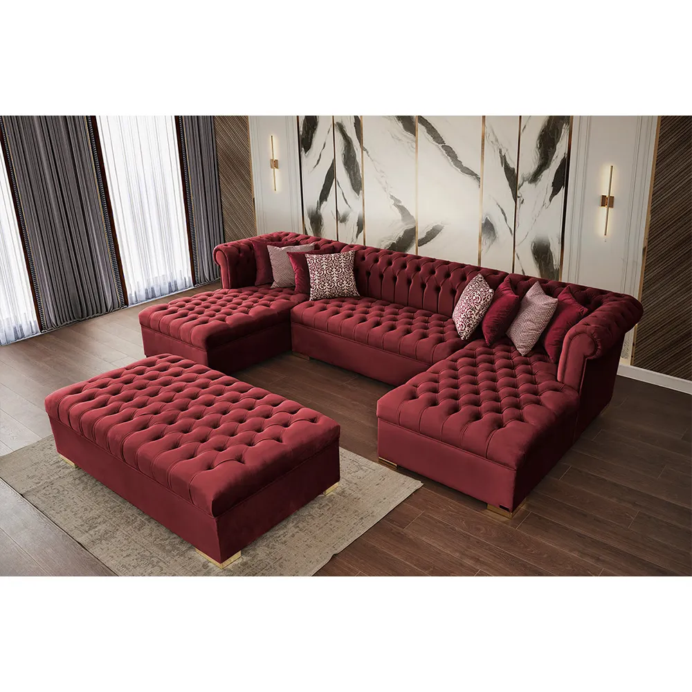 Juego de sofá cama seccional en forma de U de esquina de lujo turco, entrenador tapizado, muebles de sala de estar europeos modernos, terciopelo de calidad