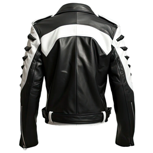 เสื้อแจ็คเก็ตมอเตอร์ไซค์หนังสีน้ำเงิน ขาว ดำ สำหรับผู้ชาย แบบ Color Block สไตล์ Biker Racing ขายส่ง พร้อมซิป เข็มขัด และตกแต่งหมุดโลหะ - Product Image 2