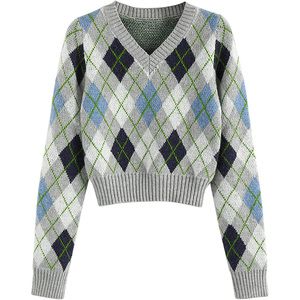 Pull en jacquard en peluche pour femme personnalisé, col en V, motif jacquard, tricot côtelé, extensible, jacquard 12 jauges, tricot en peluche pour femme - Product Image 5