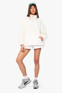 Full Length Daisy Women's Popper Funnel Neckline Oversized <b>Borg</b> Sweatshirt Drop Shoulders Women Hoodies Soft brushed back <b>fabric</b> - Product Image 4