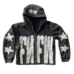 Sweat à capuche court à ourlet brut Patch éponge français personnalisé brodé Applique en détresse lavage à l'acide sweat à capuche en relief hommes meilleure qualité capuche - Product Image 5