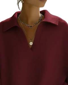 Customized Wine <b>Red</b> Womens Oversized Knit Sweater Polo V Neck Loose Fit Ribbed Hem <b>Long</b> <b>Sleeve</b> Winter Casual Pullover <b>Top</b> - Product Image 4