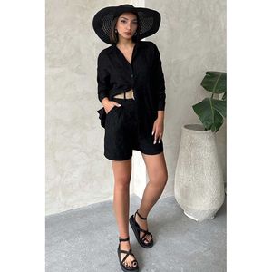 TOPSHOW Embroidered Linen Blend Shorts for Women - Black Cotton Polyester Casual Summer Wear - Product Image 1