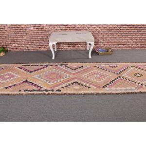 Alfombra Kilim Turca Vintage de 2.8x10.6 pies, Alfombra de Lana Rosa Estilo Suroeste - Product Image 3