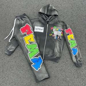Zip Up Distressed Brodé AcidWash Sun Faded Distressed Sets Vintage Hoodie Sun fade Sets Sweatsuit Survêtements 100% Coton - Product Image 3