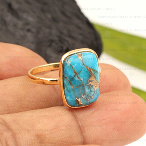 Best Selling 925 Sterling Silver Women's Eternity Vermeil <b>Ring</b> 10x14mm <b>Cushion</b> Blue Copper Turquoise 18K Gold Bezel Setting - Product Image 3