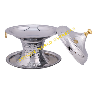 Luxury Silver Etched Handmade Durable Pedestal Hot Pot Set <b>Tray</b> Insulated <b>Food</b> <b>Warmer</b> Stainless Steel Interior Premium Buffet - Product Image 2