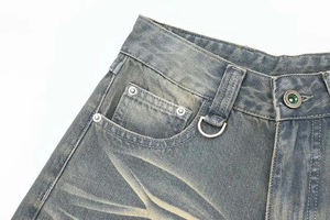 patched denim shorts style mens light wash indigo jorts baggy wide leg mid rise whiskering detail d ring loop stitched hem - Product Image 4