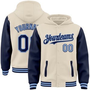 Vente en gros directe de l'industrie, veste bomber décontractée d'hiver personnalisée, blanche, bleu marine, bleu clair, à fermeture éclair intégrale, style varsity, deux tons, avec lettres - Product Image 1