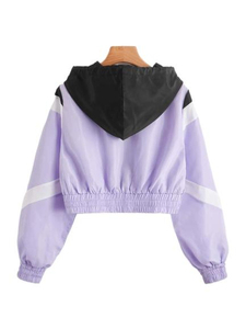 Top qualité femmes coupe-vent veste grande taille Crop couleur bloc fermeture éclair poche cordon capuche respirant imperméable - Product Image 2