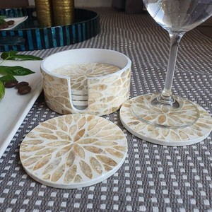 Posavasos florido de nácar con incrustaciones de hueso, posavasos hecho a mano con incrustaciones de nácar, posavasos para servir - Product Image 2