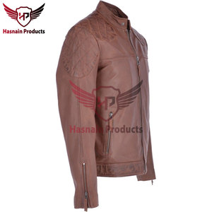 Chaqueta de cuero genuino para hombre, estilo Cafe Racer, color marrón vintage, chaqueta de motociclista con hombros acolchados, corte ajustado, con cremallera, prenda exterior. - Product Image 4