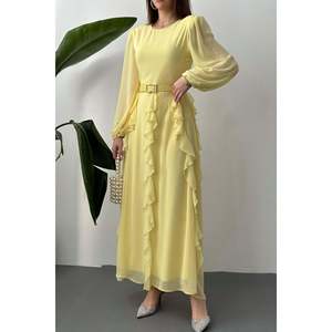 Vestido Midi Amarillo Sólido de Gasa Tejida con Cinturón y Lazos en la Cintura Natural - Product Image 3