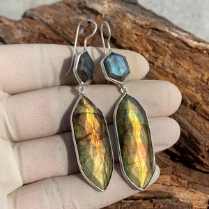 <b>Large</b> Labradorite Gemstone Earrings 925 Sterling Silver Handmade Statement Unique Fashion Jewelry Gift For Women Men - Product Image 1