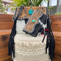 Vente en gros de nouveaux sacs à main vintage en cuir de vachette usinés à la main et pochette en cuir de vachette usinés à la main ensemble combiné de 2 pièces pour femmes