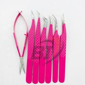 Pince à épiler professionnelle en acier inoxydable enduite de rose vif pour extensions de cils - Product Image 1