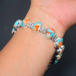 Natural Spiny Oyster Turquoise Gemstone Charm <b>Bracelet</b> Handmade 925 Sterling Silver Luxury Jewelry with GIA Certification - Product Image 1