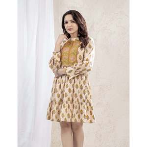 Robe Courte en Coton Imprimé Butti Beige Moutarde, Longueur Genou, Taille Élastique, Style Décontracté, Respirante, Taille Unique XS pour Jours Fériés - Product Image 6