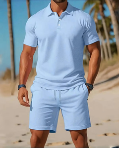 Ensemble deux pièces de sports de plage décontractés pour hommes, ensemble de shorts de sport à taille élastique avec cordon de serrage, haut à revers à bouton de contrôle d'accès - Product Image 6