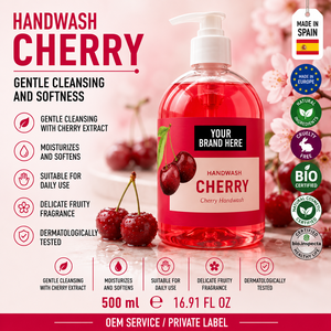 Savon liquide pour les mains à la cerise en marque privée 500ml OEM |   Savon pour les mains vegan aux fruits |   Espagne UE - Product Image 1