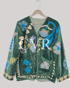 Manteau en velours vert brodé floral, manches longues, style bohème, grande taille, vêtement d'extérieur décontracté pour femme, col en V, épaules tombantes, automne - Product Image 4