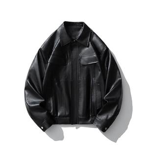 Chaqueta Bomber de piel sintética para hombre, ropa de calle vintage, abrigo de motorista con cremallera de invierno con cuello con capucha y solapa, tela negra y marrón - Product Image 5