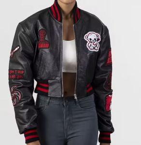 Haute qualité femmes personnalisé en cuir véritable collège varsité veste Streetwear recadrée Chenille patchs broderie lettre pour - Product Image 4
