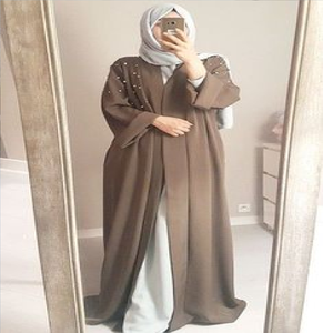 Màu Xanh Thanh Lịch Sáng Bóng Lụa Satin nhún Vai Flayered Thiết Kế Mở Abaya Kaftan khiêm tốn Hồi Giáo Quần Áo Cho Người Lớn Thổ Nhĩ Kỳ Phong Cách Eid Dubai - Product Image 3