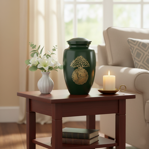 Urne funéraire écologique de conception moderne européenne Green Tree Life, artisanale en laiton et aluminium, pour cendres d'adultes, commémorative et digne - Product Image 3