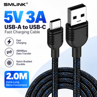 Câble de charge rapide USB-A vers USB-C 2,0 m, 5 V 3 A, en nylon tressé, avec conducteurs en cuivre étamé, pour téléphone portable et batterie externe