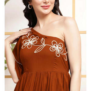 DEEBACO Women's Rayon Knee Length One Shoulder Asymmetric Tiered Embroidered Stylish One Piece <b>Dress</b> - Product Image 2
