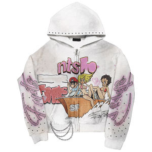 Sweat-shirts à capuche pour hommes personnalisés de haute qualité avec logo en strass, lavage à l'acide, broderie, fermeture éclair, strass - Product Image 1