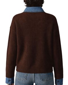 <b>Brown</b> Knit Cropped Sweater With Blue Denim Collar Women Casual Winter Pullover Long Sleeve Soft Warm Top Fashion Street Style - Product Image 5