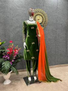 TIndian Style Designer Look Top-Dupatta et fond entièrement cousu en velours viscose lourd avec manche de travail de séquence de broderie de 5mm - Product Image 3