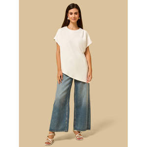 Haut en tricot 95 % coton pour femme, détails froncés, chemise décontractée tendance, douce et extensible, imprimé en relief, manches courtes, OEM, marque privée - Product Image 2