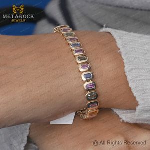 Conjunto de bisel Natural Multi zafiro piedra preciosa 14K oro amarillo hecho a mano enlace tenis pulsera joyería fina al por mayor - Product Image 5