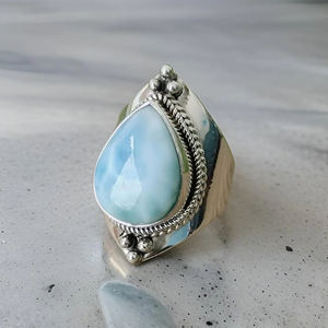 Hermoso diseño Natural Larimar 925 plata esterlina forma de pera hecho a mano oxidado estilo bohemio moda mujer anillo de compromiso - Product Image 6