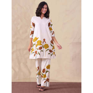DEEBACO Women's Cotton White Floral Co-ord Set <b>Split</b> Neck Long Tunic With Ankle <b>Trouser</b> Summer Spring Casual Western Wear Outfit - Product Image 6