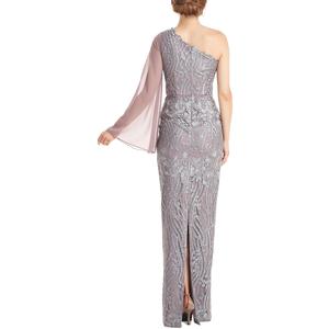 Abito da sera monospalla Amari da donna JS Collections in chiffon grigio, lunghezza al pavimento, taglie forti XL, vita naturale, con paillettes - Product Image 2