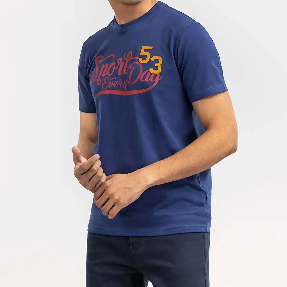 Navy kaus pria kasual lengan pendek, pakaian olahraga kasual bercetak Logo kustom modis musim panas