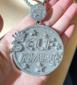 Big Circle Disk "Self Made" Letters Charm Pendant ,Iced Out Micro Collar de disco pavimentado, Hip Hop Joyería personalizada para hombres - Product Image 4