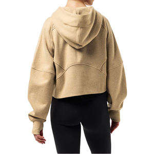 Sweat-shirt à capuche pour femme, coupe courte, demi-zip, en molleton épais polyester/coton, avec trous pour les pouces, surdimensionné, uni, avec badge - Product Image 5