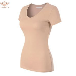 YOKEBUD, camiseta de verano con cuello en V para mujer, Color sólido, algodón suave, ajustado, informal, básico, uso diario, OEM, logotipo personalizado de talla grande - Product Image 2