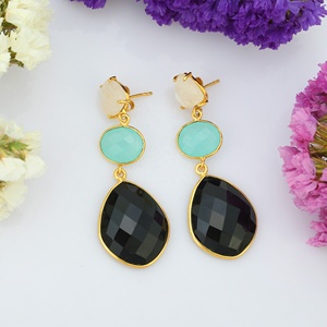 Boucles d'oreilles longues en argent sterling 925 haut naturel blanc arc-en-ciel Aqua calcédoine et onyx noir Design à la mode - Product Image 6