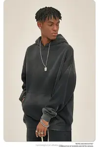 Sweat à capuche vintage à lavage acide avec logo brodé personnalisé OEM, patch délavé, coupe évasée, poids lourd - Product Image 3